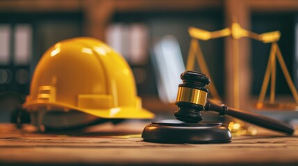 Yellow hard hat and judge gavel in a close up image Concept of labor law