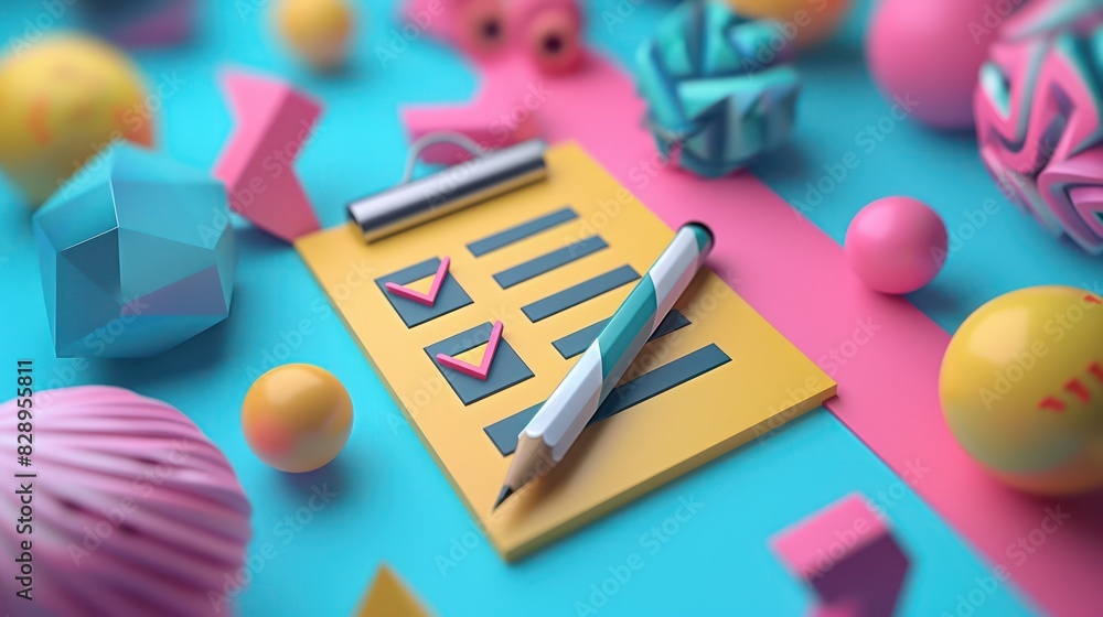 Poster colorful image of a clipboard with a checklist and pen, surrounded by various geometric shapes and o
