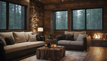 Fototapeta premium Cozy living room with a stone fireplace, comfortable sofas, and expansive windows offering views of a peaceful, wooded scenery