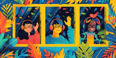 Colorful illustration of happy people enjoying music through headphones, surrounded by vibrant leaf patterns.