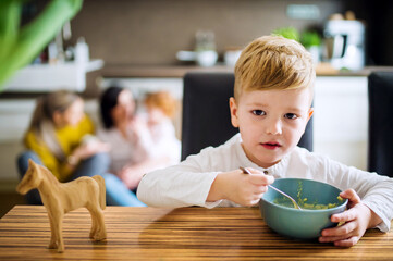Little boy doesn't like lunch, doesn't want to eat. Sitting at table with serious expression,...