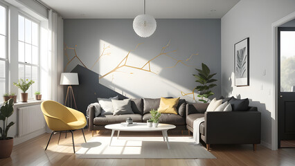 Stylish and vibrant living room adorned with chic sofa, trendy armchair, decorative plants, and unique wall art piece