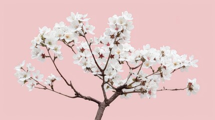 White cherry blossoms tree in a pink pastel background during spring