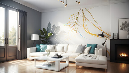 Modern and chic living room with white sofa, artistic wall decor, and inviting fireplace in a bright and airy setting