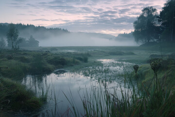 A foggy, misty morning in a field with a river running through it