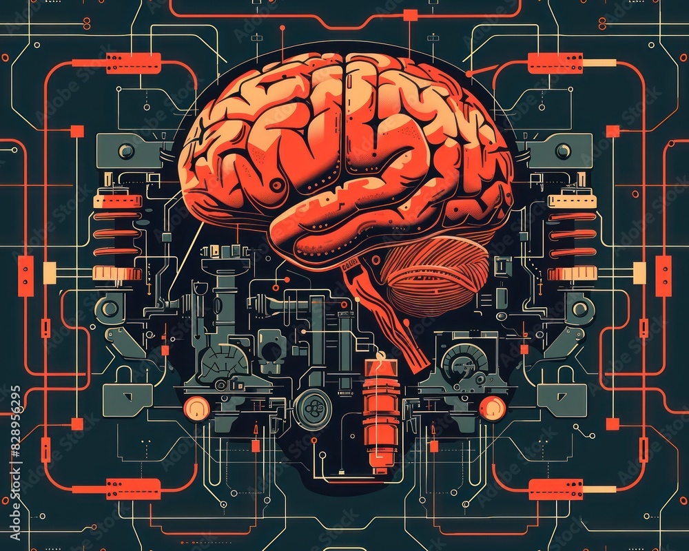 Poster detailed illustration of a futuristic brain with integrated circuits, representing artificial intell