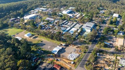 Drone aerial photograph of industrial buildings in the Lawson Business Park in the Blue Mountains...