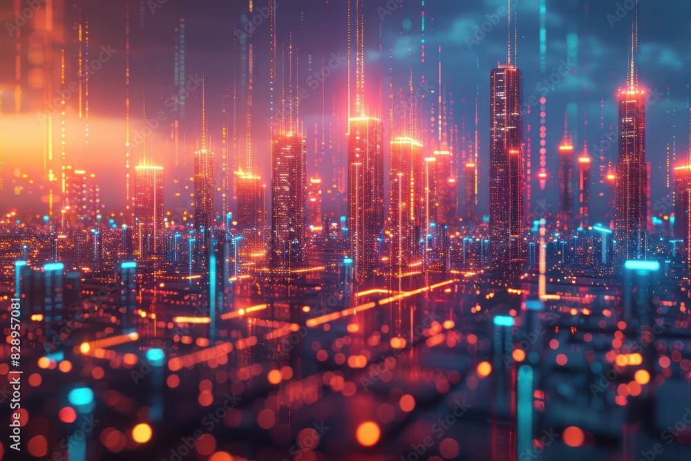 Poster futuristic cyber cityscape with glowing lines and digital elements, representing advanced technology