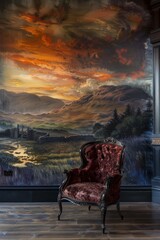 Elegant Victorian Chair Against Scottish Highland Mural