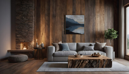 Fototapeta premium Elegant living room featuring a wooden wall, comfortable sofa, unique coffee table, and serene lake landscape painting. Warm and inviting atmosphere