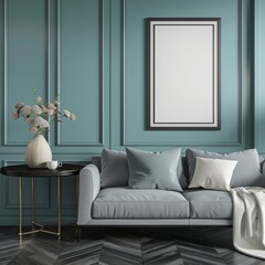 Modern Living Room with Gray Sofa, Black Table, and Wall Art