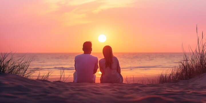 A couple sits close together on a beach, watching a beautiful sunset over the ocean, creating a romantic scene