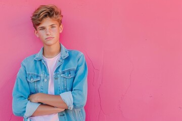 A teenage boy with a carefree attitude leaning against a wall vibrant pink background with copy space for youthful advertising