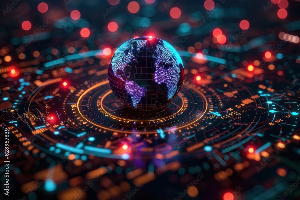 Poster global digital connectivity concept with a glowing globe amidst circuits and lights, highlighting te