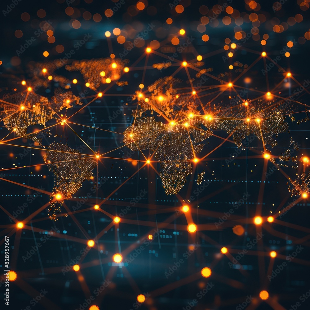 Aufkleber Global network communication concept with illuminated world map and interconnected nodes symbolizing data sharing and technology.