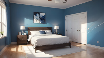 Elegant bedroom with calming blue walls, hardwood floors, modern furniture, and artwork for a sophisticated and serene sleeping area