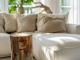 Cozy Farmhouse Living Room Interior with Modern Sofa and Boho Accents