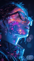 Futuristic woman in glasses with digital overlay, symbolizing technology, data integration, and innovation in a neon-lit environment.