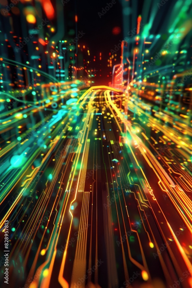 Poster a dynamic visualization of circuit lines resembling rapid data highways