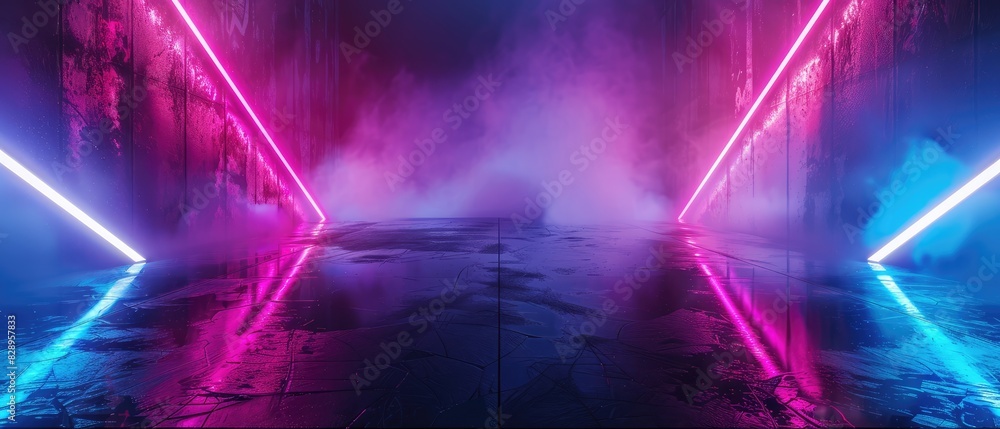 Poster neon light shapes on black background and reflective concrete with empty space design concept header