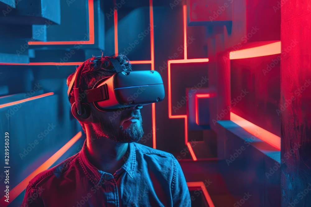 Poster man experiencing virtual reality with vr headset in a neon-lit environment. futuristic and immersive