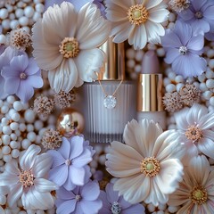 Obraz premium jewelry including rings and earrings mascara pastel gray background fluffy gray decoration light