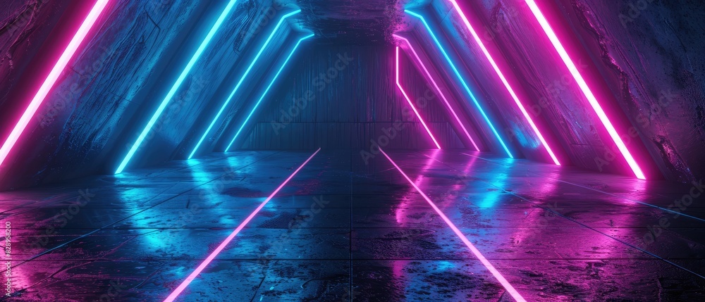 Poster neon light shapes on black background and reflective concrete with empty space for design flyer buss