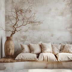 Boho Minimalist Living Room: Curved Sofa, Pillows, and Natural Accents
