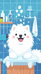 White dog sitting on top of bath tub. Vertical illustration