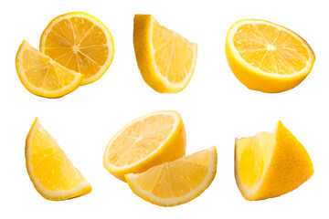 Fototapeta premium Set of fresh whole and cut Lemon and slices isolated on white background. From top view.
