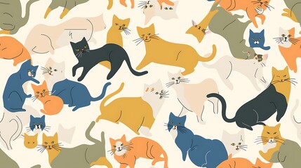 A playful and colorful pattern of various cartoon cats scattered across a light background suitable...