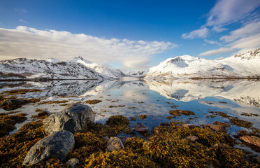 snow covered mountains in winter in Loftoten Norway
