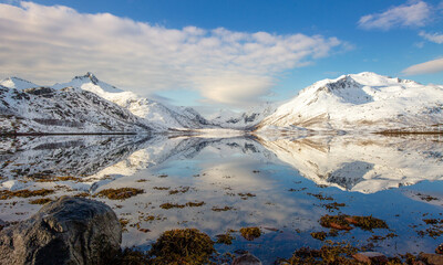 snow covered mountains in winter in Lofoten Norway