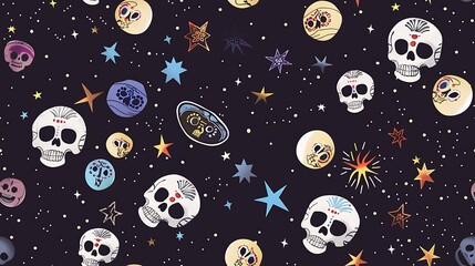 Colorful skulls and celestial elements are scattered across a dark background creating a quirky and vibrant pattern perfect for edgy designs or Halloween themes