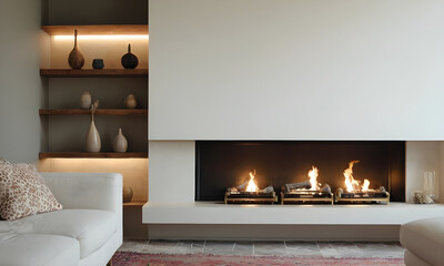 Stylish and cozy living room interior featuring a sleek gas fireplace, comfortable seating, and decorative shelving with elegant vases