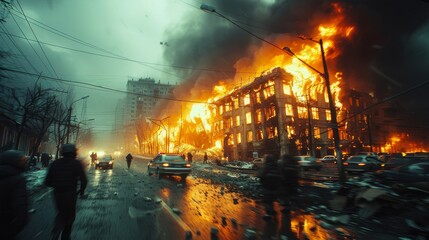 Ominous urban disaster scene with a building engulfed in flames and people observing