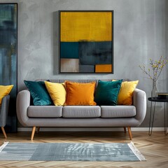 Mid-Century Modern Living Room with Yellow and Teal Pillows
