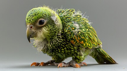 juvenile Kakapo Strigops habroptilus with green and yellow mottled feathers native to New Zealand Oceania