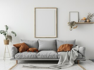Cozy Scandinavian Living Room with Grey Sofa, Terracotta Pillow, and Knitted Throw