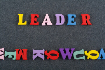 LEADER word on black board background composed from colorful abc alphabet block wooden letters, copy space for ad text. Learning english concept.