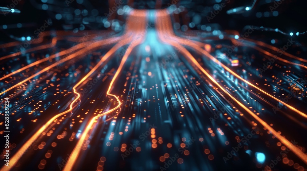 Poster a dynamic visualization of circuit lines resembling rapid data highways