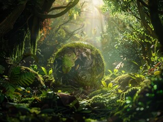 Earth Day, Green Globe Amidst Mossy Forest with Sun Rays - Embracing Nature's Beauty, Environmental Friendliness, and Planet Preservation