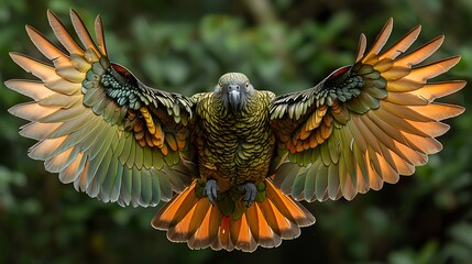 juvenile Kea Nestor notabilis with olivegreen feathers and orange underwings native to New Zealand Oceania