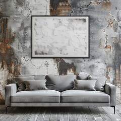 Modern Loft Living Room Interior with Grey Sofa and Wall Art