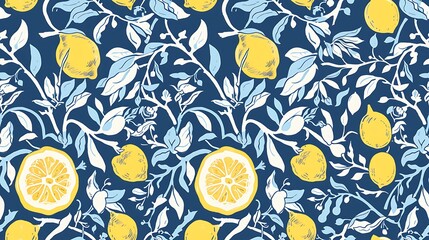 Vibrant pattern featuring yellow lemons and lush leaves on a dark blue background, perfect for a...