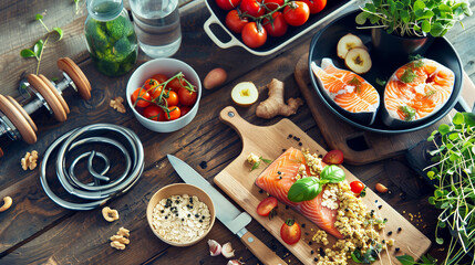 Healthy Meal Preparation with Fresh Ingredients on Wooden Table, AI Generation