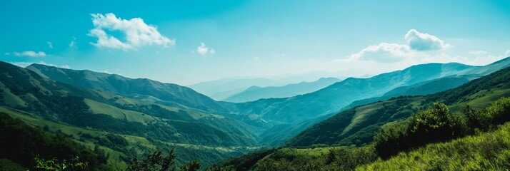 Breathtaking panoramic of verdant mountains and blue sky in a serene landscape - Powered by Adobe