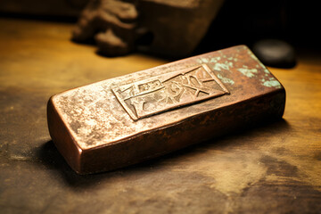 Fototapeta premium photo of a bronze ingot, bronze bar, refined bronze, metal bar, bronze metal, ingot