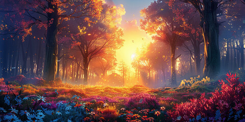 beautiful scenery of colorful forest with trees and flowers in spring at sunset  