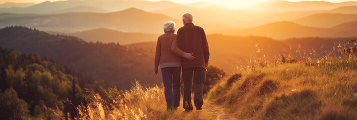 An older couple is seen from the back holding hands and walking down a path during a beautiful sunset in the countryside